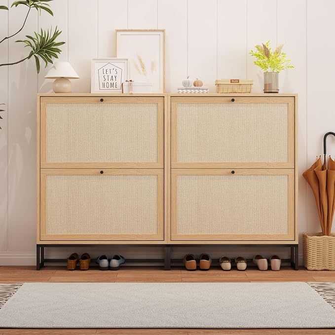 AVZEAR Narrow Shoe Storage Cabinet for Entryway with Natural Linen Panel, Freestanding Slim Shoe Cabinet with 2 Flip Drawers, Wood Shoe Organizer Closed Shoe Rack for Hallway, Living Room(Natural) - Image 5