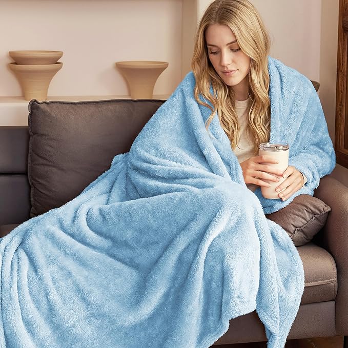 Exclusivo Mezcla Plush Fuzzy Fleece Bed Blanket Queen Size, Super Soft, Fluffy and Warm Blankets for Couch, Bed, All Season (Light Blue, 90x90 Inches)