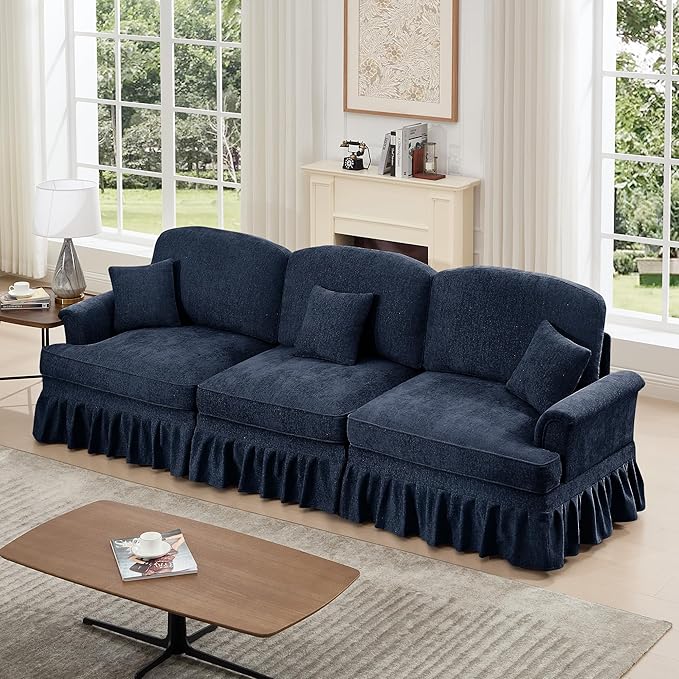 KEIKI Mid Century Modular Sofa with Flared Arms and Skirted Design, 107” Oversized 3-Seater Chenille Sectional Couches for Living Room, Soft Apartment Size Couch, Home Sofa Bedroom Furniture, Blue
