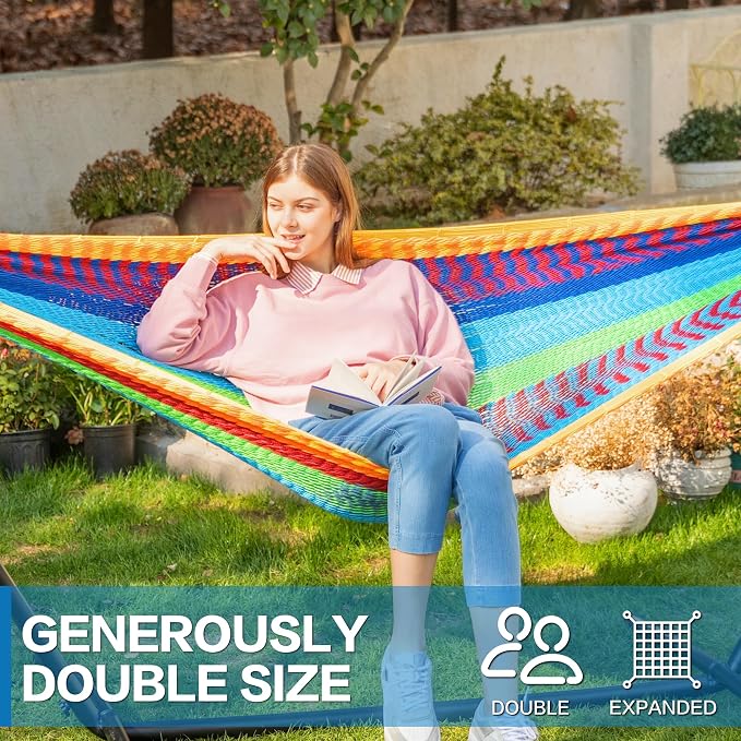 PNAEUT Double Hammocks with Stand for Outside, Portable Space Saving Heavy-Duty Steel Stand for Indoor Outdoor Patio (Mayan Rainbow) - Image 7