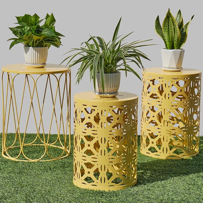 Y&M Set of 3 Round Heavy-Duty Side Table End Table, Outdoor Decorative Garden Stool Plant StandCoffee Table for Indoor Multifunctional Use,-Yellow(Ship from US) by YM