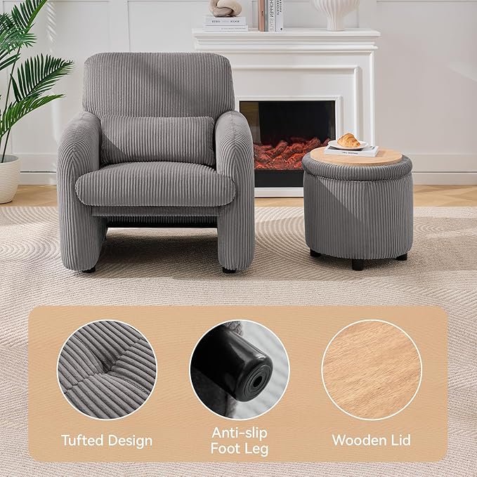WUTUTUEE Corduroy Accent Chair with Storage Ottoman, Upholstered Armchair with Lumbar Pillow, Flip-Top Ottoman Converts to Coffee Table, Modern Sofa Chair for Living Room, Bedroom, Office, Grey