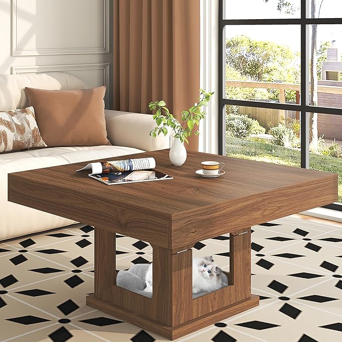 Square Coffee Table, Wood Coffee Table with Storage, Farmhouse Cat House Low Center Tables Cocktail Table for Living Room, Rustic Brown