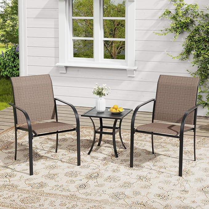VICLLAX Outdoor Set for 2, Small Patio Table and Chairs Set of Stackable Patio Sling Chairs and Square Dining Table for Front Porch, Brown Fabric and Black Table by HOME