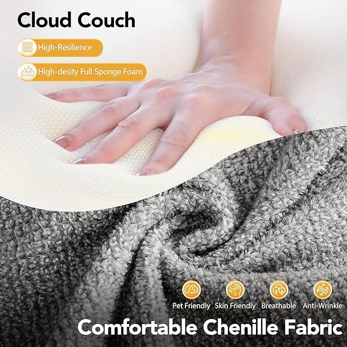 Rengue 105.5" Cloud Boneless Sectional Sofa for Living Room, 4-Seater L-Shaped Comfy Couch with Ottoman, 4 Pillows, Deep Seat Chenille Sofa, No Assembly Required (Light Grey) 72h to Restore