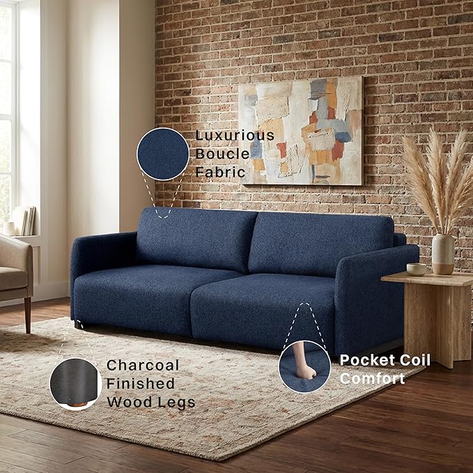 Serta® Vail 86" Convertible Sleeper Sofa, Queen Size, Wall-Hugging Dreamglide Mechanism, Dreamcoil Comfort, Boucle Fabric, Navy Blue