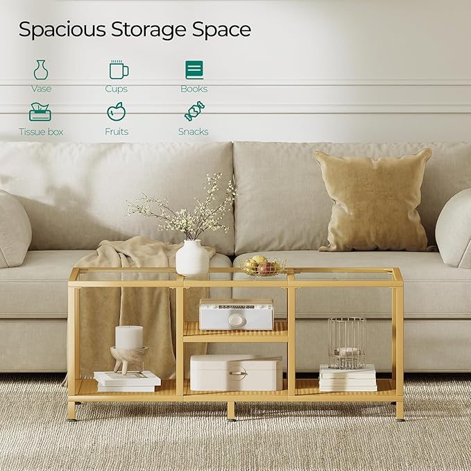 Glass Coffee Table, Coffee Tables for Living Room, Small Center Table, Modern Coffee Table with Open Storge&Metal Frame, Rectangular Coffee Tables for Small Space, Home Office, Gold