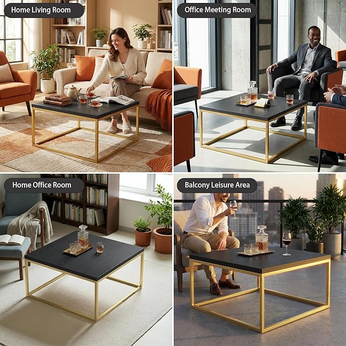 CENSI 30" Square Coffee Table, Black Oak & Gold Living Room Center Table, Modern Industrial Glam Style, Extra Thick 1.2" Wood Top, Sturdy Metal Frame, Luxury Cocktail Table, Easy Assembly