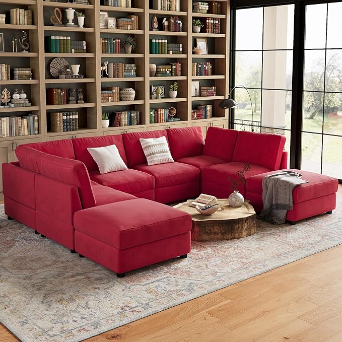 GarveeHome 138" Modular Sectional Sofa, 8 Seater Sectional Couch, U Shaped Sofa with Ottoman, Oversized Convertible Modular Couch for Living Room Apartment Office, Chenille Red