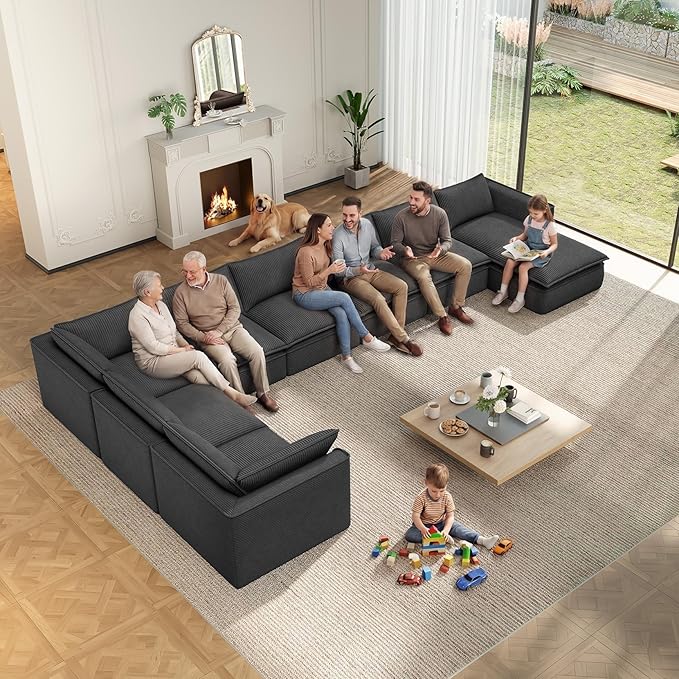 Vesgantti 141.7" Oversized Boneless Sectional Couch, 7 Seater Modular Sofa with Chaise & Ottoman & Armrest, Deep Seat Corduroy Cloud Couches for Living Room, No Assembly Required, Black