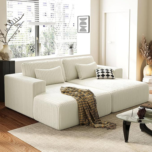 86-Inch Fluffy Corduroy Boneless Sleeper Daybed Loveseat Double Recliner Chaise Lounge Sofa Couches, Floor Cloud Sofa Chaise W/4 Pillows for Home Apartment Living Room