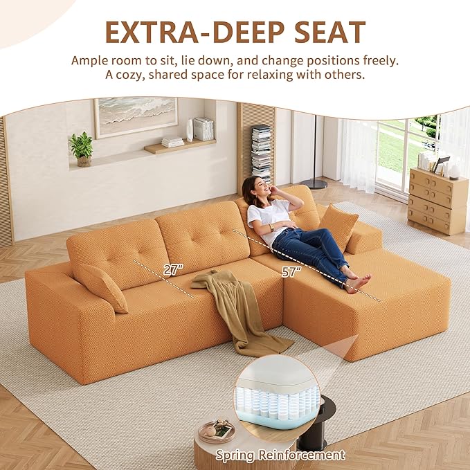 Ball & Cast 106" Cloud Modular Sectional Sofa, Boneless Chenille Couch with Deep Seat, Comfy L-Shaped Sectional, Modern Upholstered Sofa for Living Room, No Assembly (Orange, Right Facing Chaise)