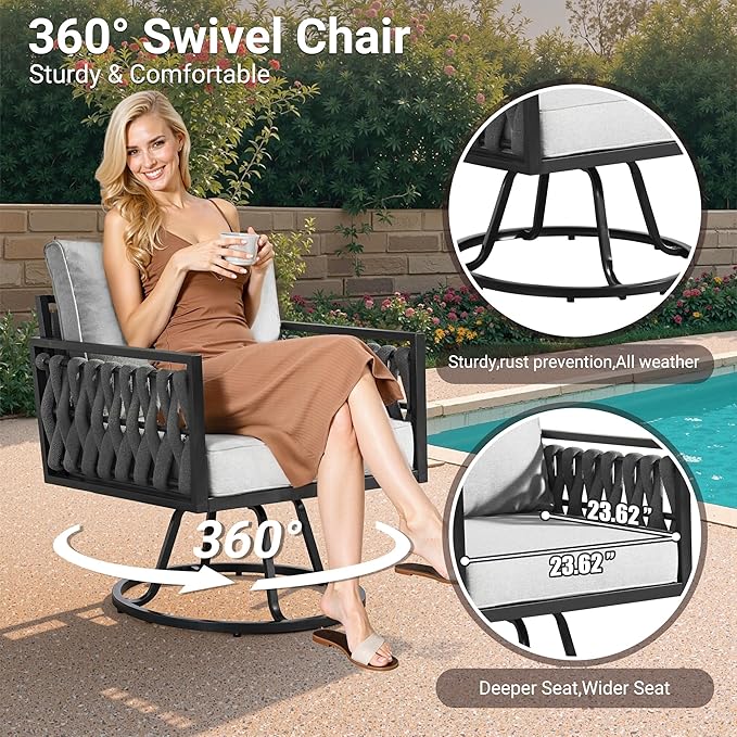 Weaxty Modern Patio Furniture Set 6 Piece, Rope Outdoor Patio Conversation Sets Sectional Sofa Swivel Chairs Table Ottoman, All Weather Metal Balcony Furniture for Backyard Garden, Light Grey