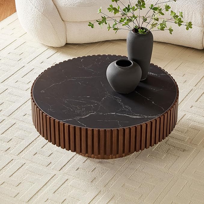 35.43'' Round Coffee Table with Faux Marble Tabletop, Modern Drum Center Coffee Tables Luxury Circle Coffee Table for Bedroom,Apartment,Living Room-Walnut