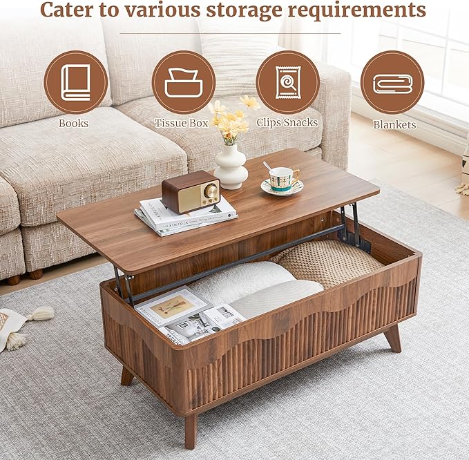 BERRYMERRY Lift Top Coffee Table with Hidden Storage, Farmhouse Fluted Coffee Table with Wave Profile, Rising Top Rectangular Center Table for Living Room (Walnut)