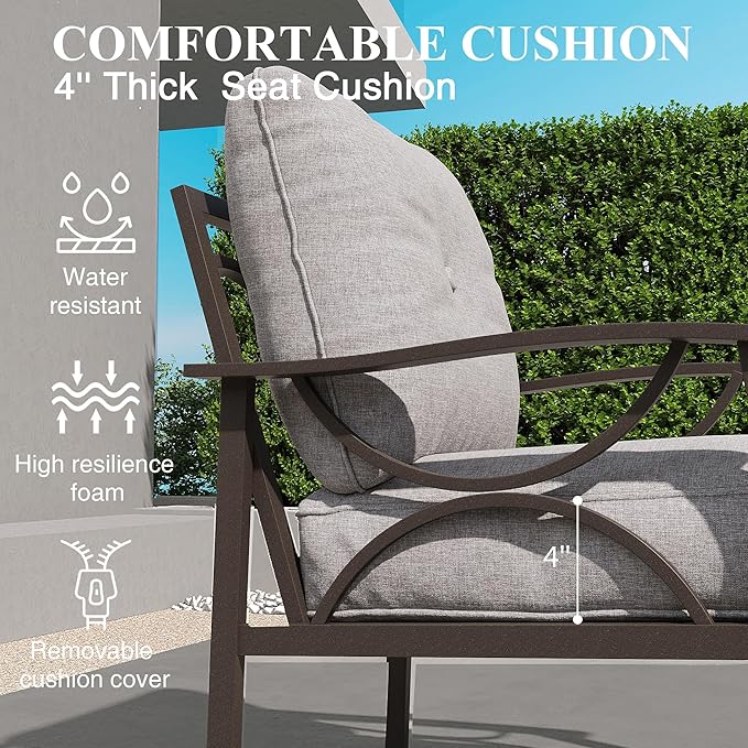 RoyalCraft Outdoor Patio Furniture Set, 7 Piece Patio Conversation Set with Coffee Table and Ottomans, Metal Furniture Set for Porch Backyard Garden, Grey