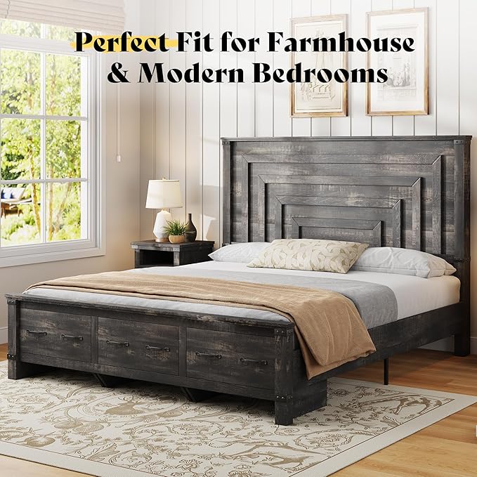 AMERLIFE 5 Pieces Farmhouse Bedroom Set, Includes Rustic King Bed Frame with 54" Tall Headboard, 6 Drawer Dresser, 5 Drawer Tall Chest, Nightstands Set of 2 with Charging Station, Black Oak