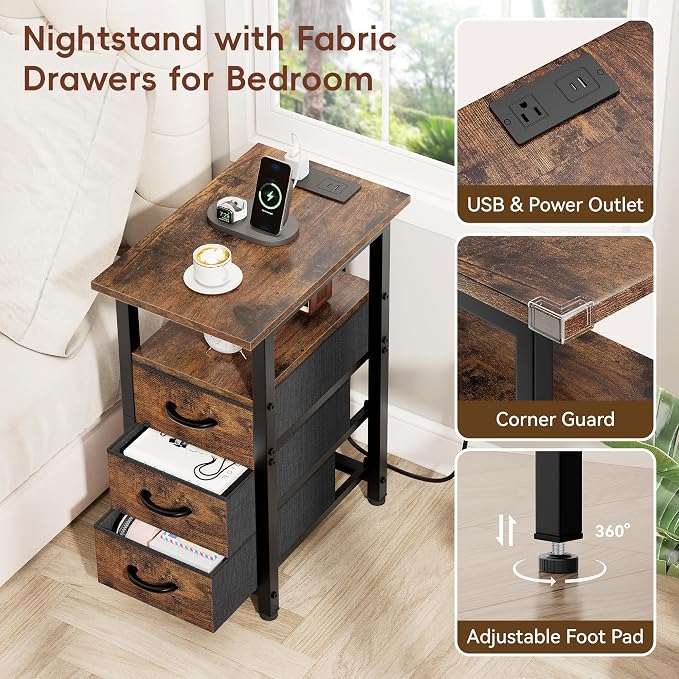 Vagusicc End Table with Charging Station, Narrow Side Table, Narrow Nightstand with 3 Fabric Drawers, Slim Sofa Side Table for Small Spaces, Small Night Stand for Bedroom, Rustic Brown - Image 5