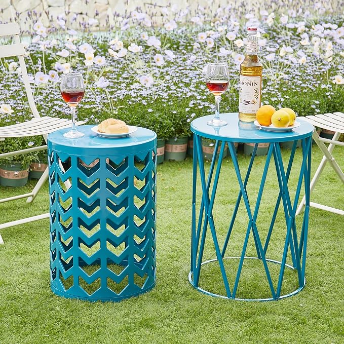 Y&M Set of 3 Nesting Metal Round Coffee Table, Side Table End Table for Indoor Outdoor Multifunctional Use,Heavy Duty Metal Plant Stand Decorative Garden Stool- Blue(Ship from US) - Image 5