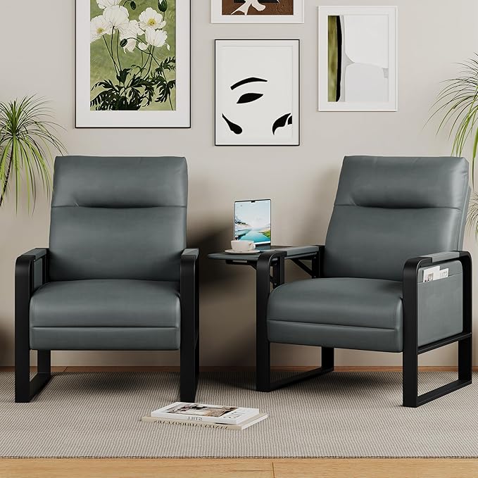 Upholstered Living Room Chair Armchair Set of 2, Mid Century Faux Leather Metal Accent Chair, Reception Couch Slipper Club Lounge Chair Guest Comfy Single Sofa with Sidetable-Dark Grey