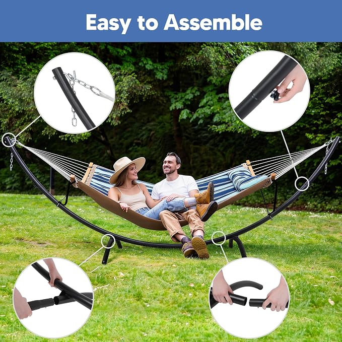 SUNCREAT Portable Outdoor Hammock with Stand, Double Hammock with Stand for Outside, Patent Pending, Blue & White - Image 5