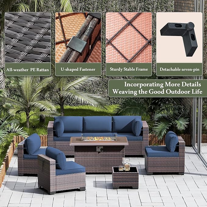 15 Pieces Outdoor Patio Furniture Set,Outdoor Sectional Furniture with 43" 55000 BTU Gas Propane Fire Pit Table,All Weather PE Rattan Wicker Patio Conversation Set,Navy Blue