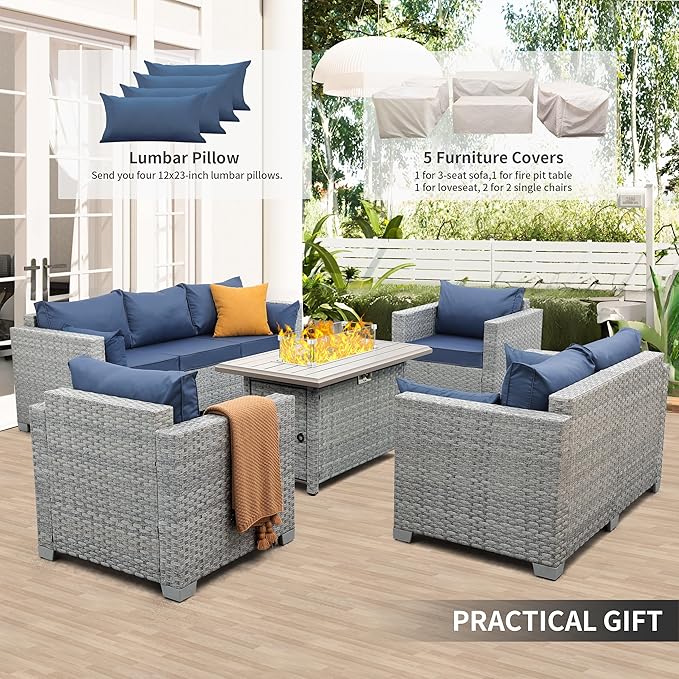 WAROOM Patio Furniture Set 5 Piece Outdoor Furniture with Fire Pit Table, Grey Wicker Sectional Sofa Couch Sets Backyard Deep Seating PE Rattan Chairs with Navy Blue Cushion