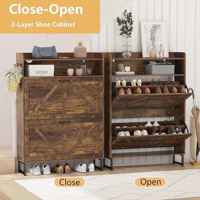 Shoe Cabinet with 2 Flip Drawers, Freestanding Hidden Shoe Storage Organizer for Entryway, Narrow Slim Shoe Rack Cabinet with Open Storage & Hooks for Front Door Entrance, Living Room, Hallway, Brown - Image 3