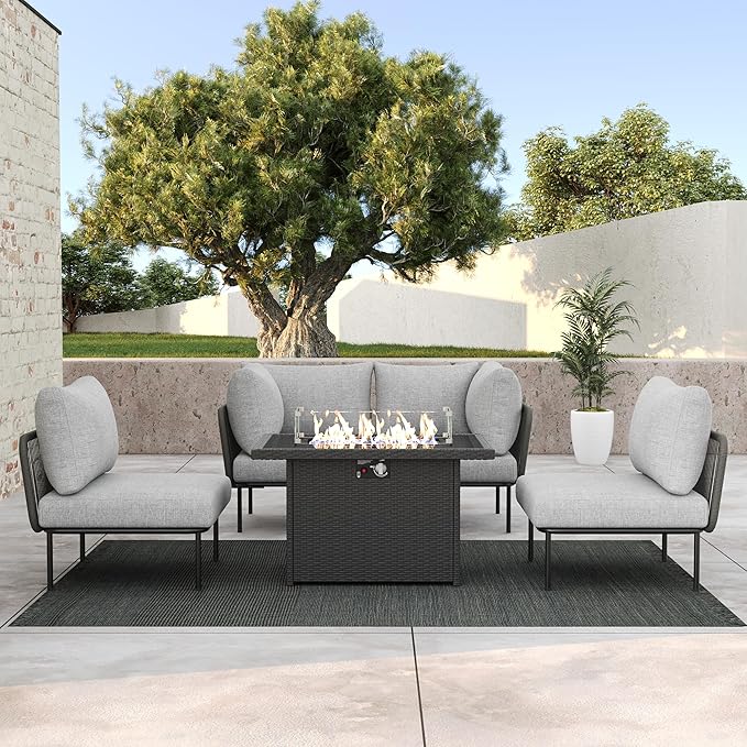 LayinSun 5 Pieces Aluminum Patio Furniture Set, Modern Modular Sectional Sofa with Fire Pit Table and Upgrade Thickness Cushion