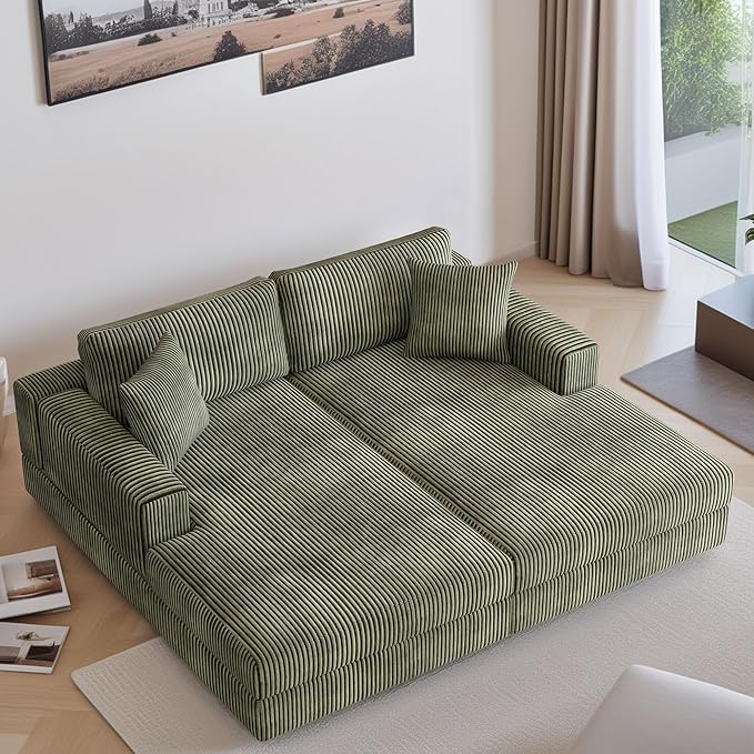 69-inch Oversized Chaise Recliner Lounge Deep Seat Upholstered Sleeper Daybed with 4 Pillows,Soft Corduroy Loveseat Double Chaise Sofa Couch Extra Wide Sleeper Chair Sofabed for Living Room Bedroom