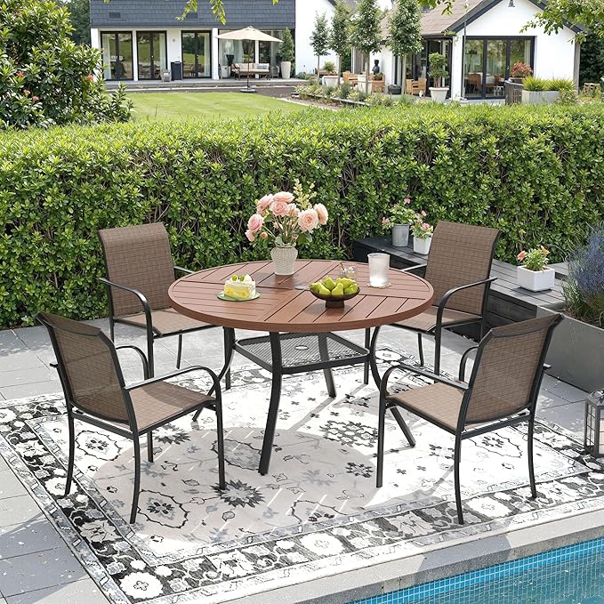 DIFY Patio Dining Set for 4, 5 Piece Outdoor Table and Chairs Set, 40.6" Walnut Round Metal Patio Dining Table and 4 Brown Textilene Stackable Patio Chairs, for Backyard Garden Poolside by DIFY