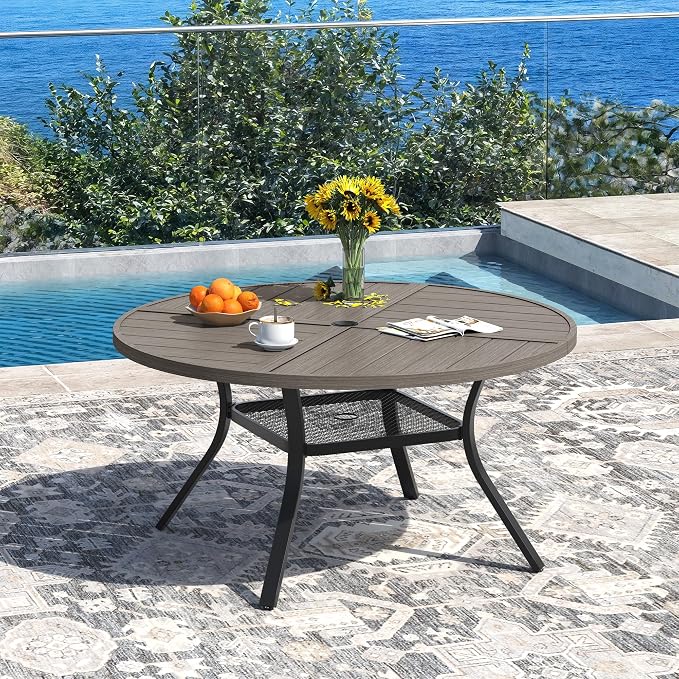 DIFY Patio Dining Set for 6, 7 Piece Outdoor Table and Chairs Set, 47.2" Grey Wood-Like Round Metal Patio Dining Table and 6 Sandshell Textilene Stackable Patio Chairs, for Backyard Garden Poolside - Image 2