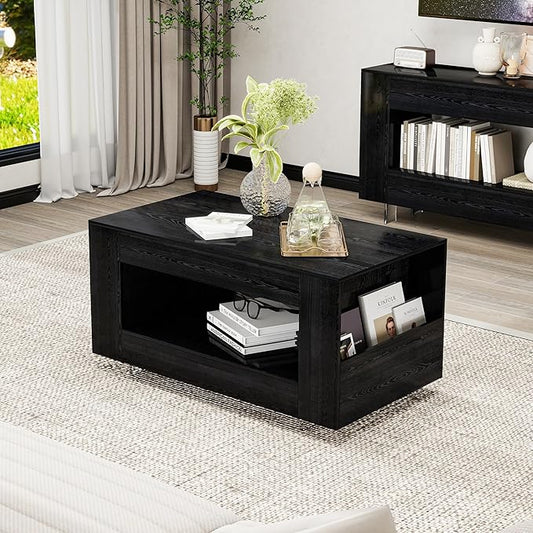 39" Wood Coffee Table for Living Room, Sides Storage with Transparent Legs, Minimalist Modern 2-Tier Storage Shelf Center Table for Home Office, Apartment, Black