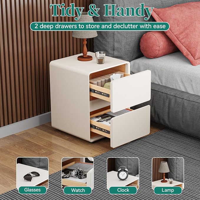 15.8" W Faux Leather Narrow Nightstand, Fully-Assembled Bedside Table with 2 Drawers, Wood Night Stand Small Accent End Table & Side Table for Bedroom, White - Image 3