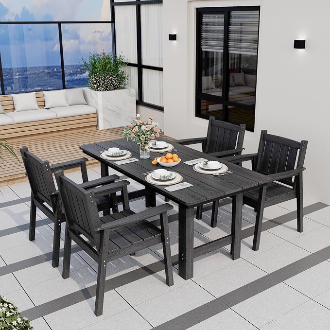 Pamapic 5-Piece Outdoor Dining Set, HDPE Outdoor Rectangular Table and 4 Chairs, Wood Grain Patio Furniture Sets with Armrest, All-Weather Patio Dining Table with Umbrella Hole, Gray - Image 8