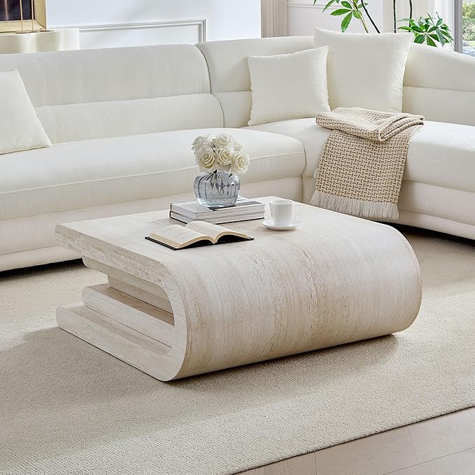 Square Coffee Table 33.86" Faux Marble Pattern Wood Center Table with Layered Base for Living Romm Apartment, No Need Assembly