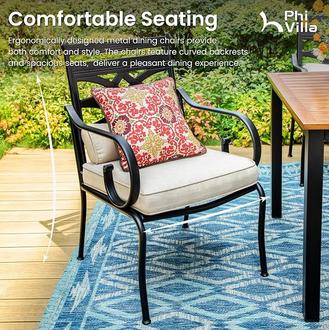 PHI VILLA Outdoor Patio Dining Set for 4 People with 10ft 3-Layer Auto-tilt Round Umbrella(Beige), Includes 4 Outdoor Chairs with Cushions and a Metal Square Table, Perfect for Garden, Lawn, or Deck - Image 6