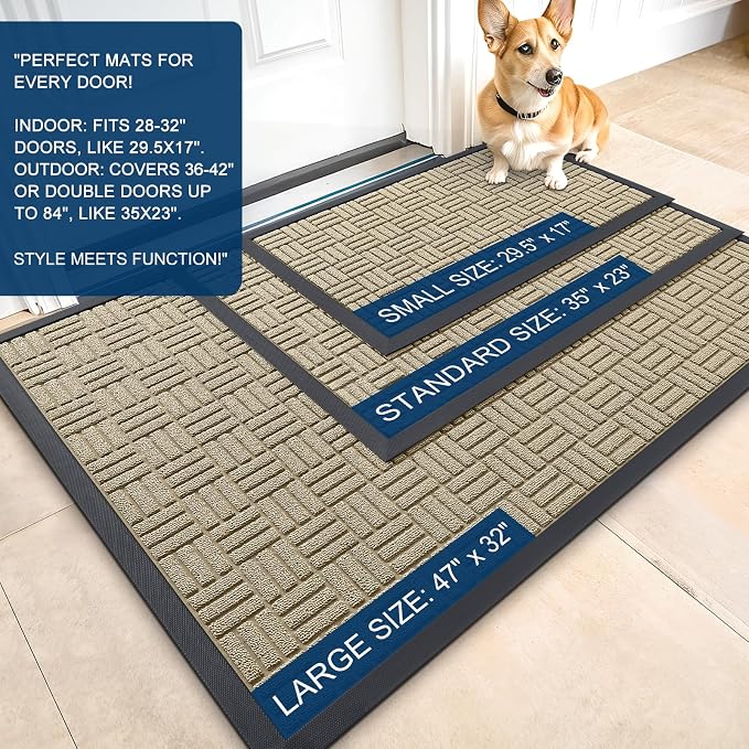 OLANLY Front Door Mat Outside Entrance 33x21, Absorbent, Heavy Duty Sturdy Natural Rubber Doormat Indoor Outdoor, Stain and Fade Resistant, Non-Slip Backing Low Profile Floor Mat for Entryway, Beige - Image 2