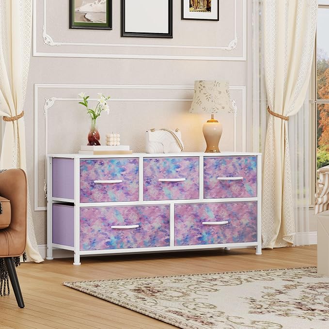 DWVO Dresser with 5 Drawers - Fabric Storage Tower, Organizer Unit for Bedroom, Living Room, Closets - Sturdy Steel Frame, Wooden Top (Purple) - Image 4