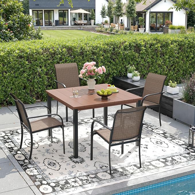 DIFY 5 Pieces Outdoor Dining Table Chair Set, Patio Dining Set with 1 Walnut Metal Square Table with Umbrella Hole & 4 Brown Stackable Curved Armrests Chairs for Lawn, Garden, Porch by DIFY