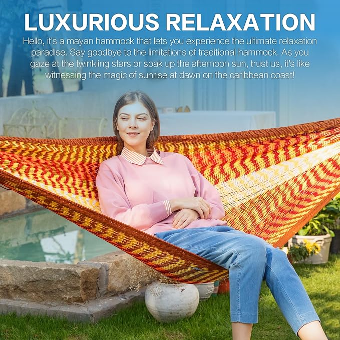 PNAEUT Handwoven Mayan Hammock, Thick Soft Rope Double Hammock for Outdoor Outside & Indoor, 600 lbs Capacity Heavy-Duty, Includes Tree Straps, Carabiners & Carrying Bag (Sunset, X-Large) - Image 2