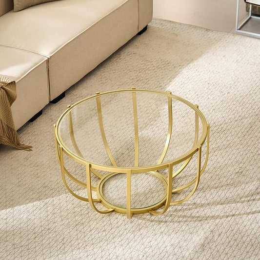 Saint Mossi Gold Drum Coffee Table for Living Room, Modern 2-Tier Glass Round Center Table, Clear Glass Top, Glass Shelf with Gold Finish Legs & Frame, W30xH16.5