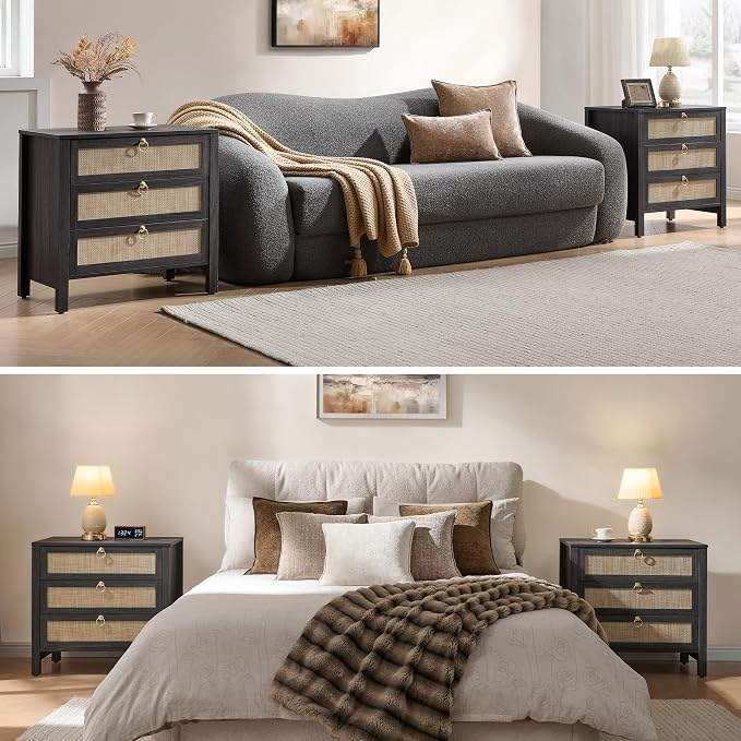 SICOTAS Nightstand Set of 2 with Drawers, Rattan Nightstands, Large Modern Boho Night Stand Wide Bedside Tables for Bedroom - Image 6