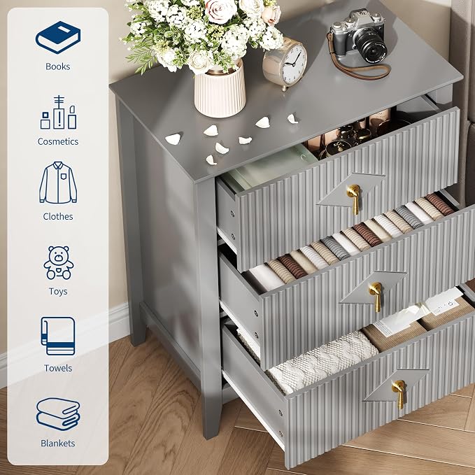 GarveeHome Wood Nightstand Fluted Dresser for Bedroom, 27.5" Wide 3-Drawer Bedside Tables, Modern Chest of Drawers, Storage End Table Living Room, Hallway, Entryway, Grey - Image 3