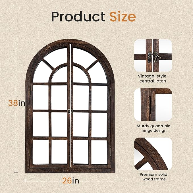 AMOISE Arched Wall Mirror with Window Pane Design 38 x 26 Inch Rustic Farmhouse Wood Decorative Mirror for Living Room Bedroom Entryway - Image 2