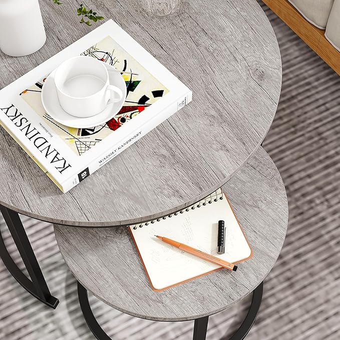 HOJINLINERO Round Coffee Table,Nesting Coffee Table Set of 2,Center Tables for Living Room,Office, Home Small Space,Stacking Side Tables,Sturdy and Easy Assembly,Wood Desktop,Black+Grey,Small