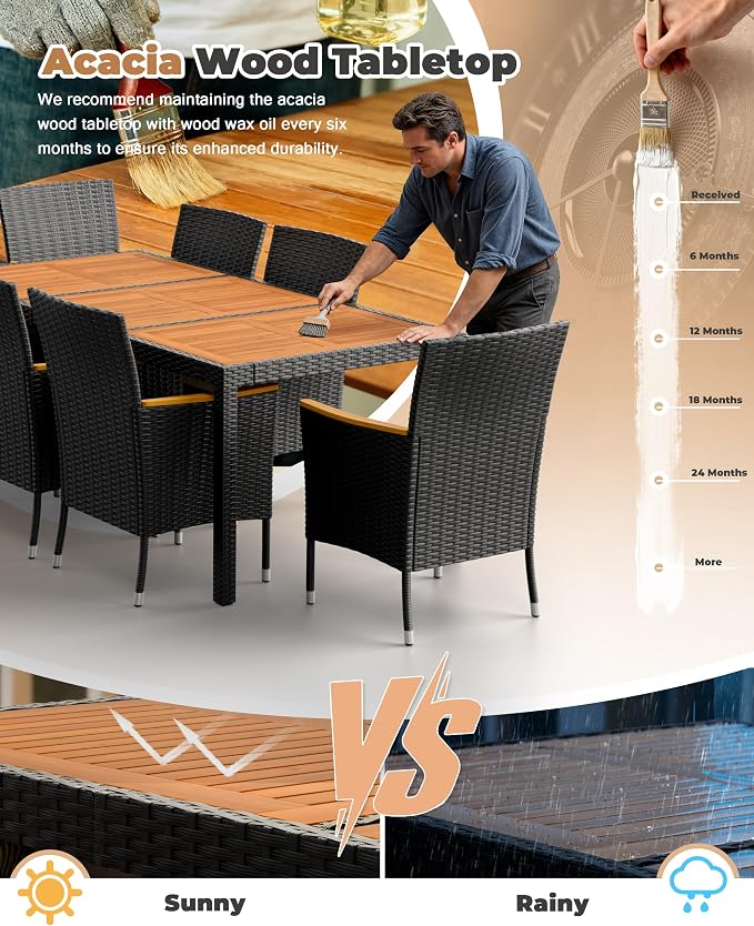 Flamaker 9 Piece Patio Dining Set Outdoor Acacia Wood Table and Chairs with Soft Cushions Wicker Patio Furniture for Deck, Backyard, Garden - Image 6