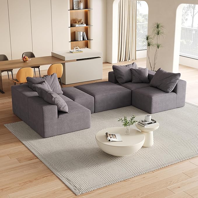 KEIKI 132" Boneless Sofa with Ottoman, L Shaped Corner Couch, Upholstered Corduroy Free Combination Sectional Couch for Living Room, Bedroom, Gray
