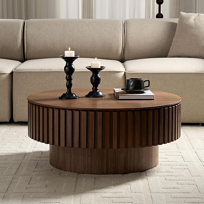 WILLIAMSPACE 31.49" Round Coffee Table with Storage for Living Room, Modern Circle Center Table with Solid Wood Veneered & Sturdy Pedestal, Accent End Tea Table for Apartment - Walnut