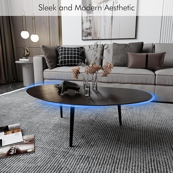Small Oval Coffee Table Mid Century Modern for Living Room, Center Table,Solid Wood Coffee Table,Nature Wood (Black, 18.9" D x 33.85" W 12.4" H)